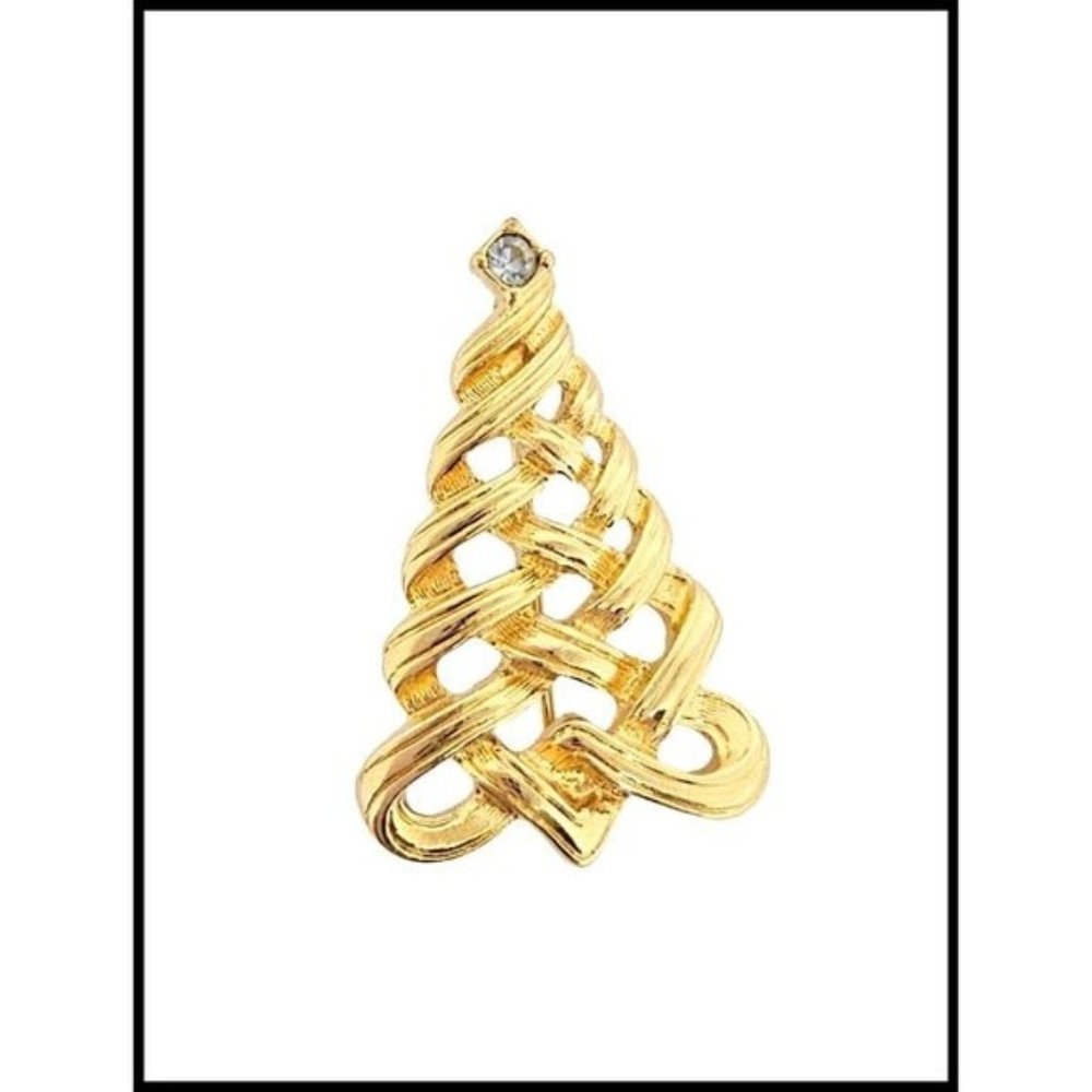 Vintage Avon Gold Tone Woven Christmas Tree with Rhinestone‎ Topper Brooch Pin